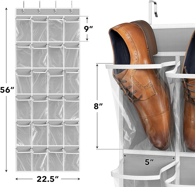 Simple Houseware 24 Pockets Large Clear Over the Door Shoe Organizer, Gray | 56" x 22.5", 4 Durable Metal Hooks, 5" x 9" Pocket Size, Multipurpose