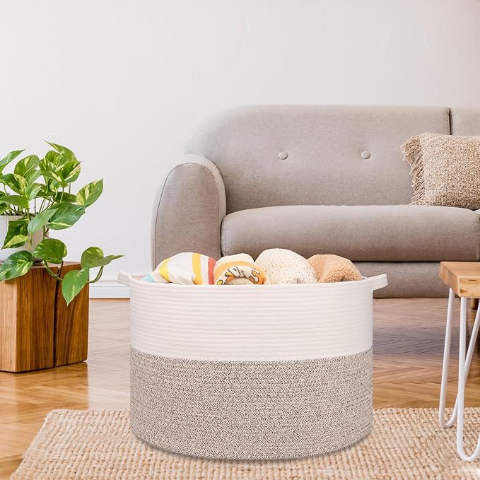 Large Cotton Rope Blanket Basket, 87L Laundry Hamper, White & Brown