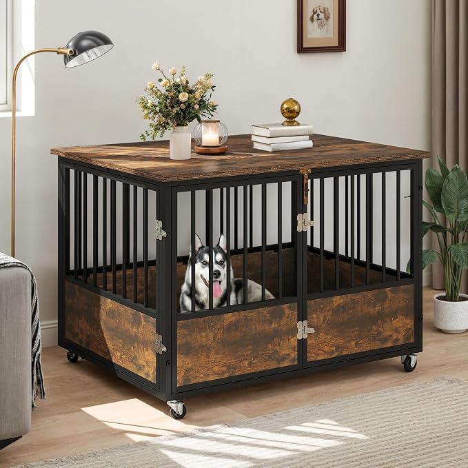 DWVO 43 Inch Dog Crate Furniture with Wheels & Double-Doors | Dog Kennel Indoor Furniture End Table, Farmhouse Decorative Wooden Dog Cage Table, Chew-Resistant, Rustic Brown
