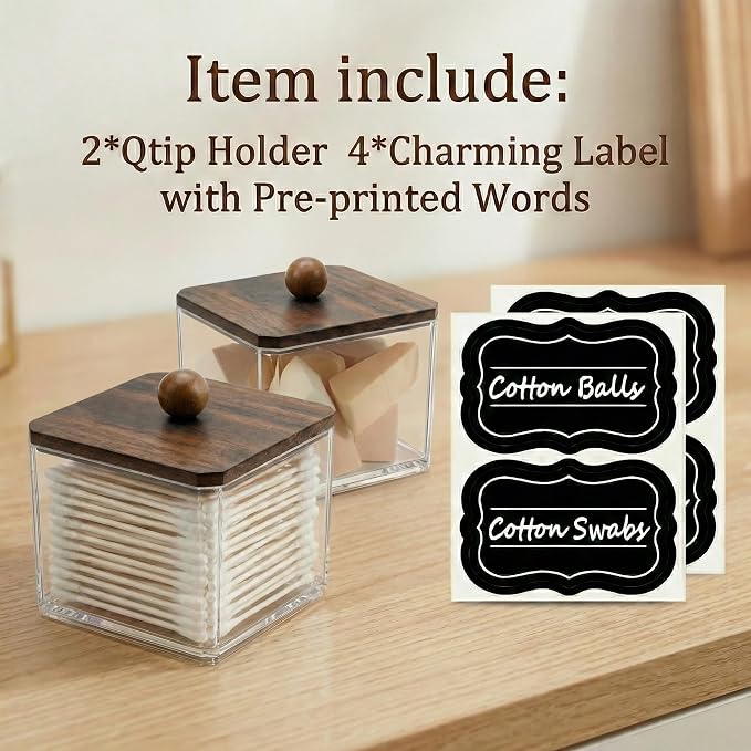 SheeChung 2 Pack Square Acrylic Qtip Holder with Walnut Wood Lid | Qtip Holder for Bathroom,Clear Apothecary Jar for Cotton Balls, Pads, Flossers, Farmhouse Vanity Storage Organizer