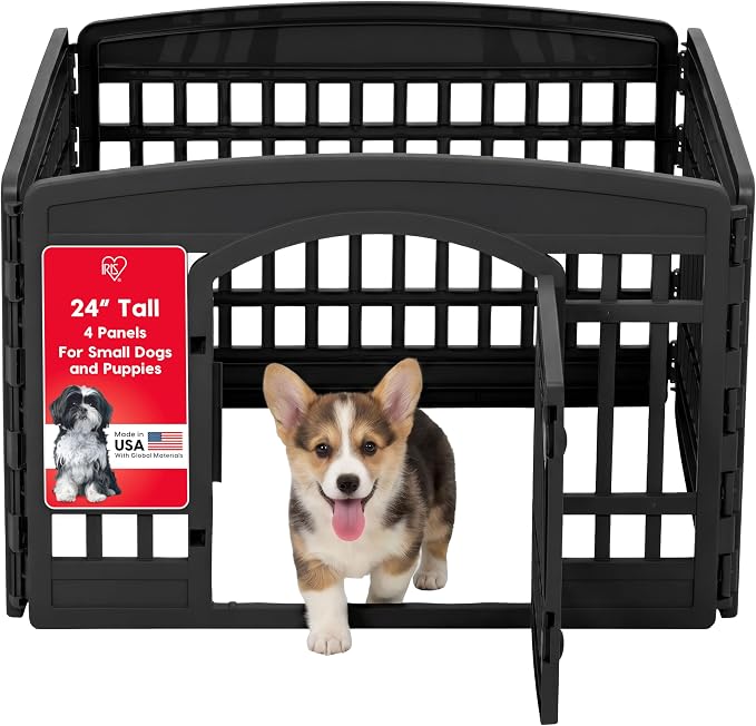 IRIS USA 4-Panel Dog Playpen, Pet Enclosure, Black | Pet Containment, Configurable Layout, Multi-Shape Setup, Custom Pen Configuration, Stable Non-Tip Base, Tool-Free Assembly