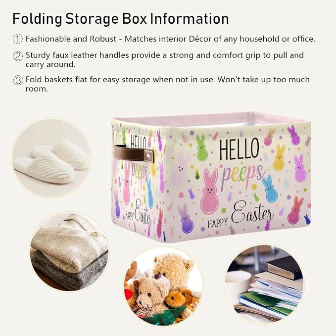 Happy Easter Day Peep Bunny Storage Basket with Waterproof Liner and PU Handles Easter Eggs Leopard Cheetah Storage Bins Boxes 14.2" Collapsible Decorative Organizer Baskets for Bedroom Closet 1 Pack
