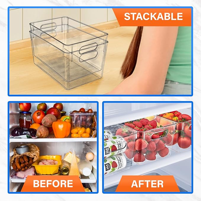 Lifemaster Stackable Refrigerator Bins - Set of 10 Large Capacity Organizers with Easy Grip Handles - Clear and Versatile for Kitchen Storage