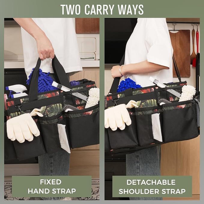SCAVATA Wearable Cleaning Caddy Organizer With Handle & Shoulder Strap | Multiple Compartments, 4 Foldable Dividers, Portable Cleaning Supplies Tool Storage for Home, Car & Housekeeping, GreenBush