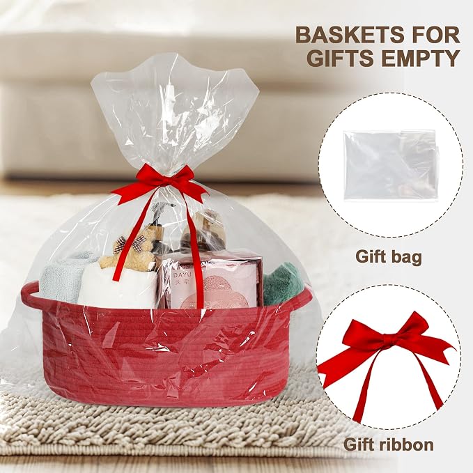 Small Baskets for Gifts Empty, 13"x 9"x 5" Woven Gift Basket with Bag and Ribbon, Cotton Rope Kids Dog Cat Toy Bin Box, Cute Baby Nursery Organizer, Decorative Storage with Handles, Red