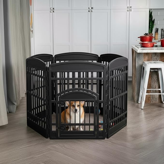 IRIS USA 6-Panel Dog Playpen, Pet Enclosure, Black | Pet Containment, Custom Pen Configuration, Flexible Boundary, Multi-Shape Setup, Tool-Free Assembly, Secure Door Latch