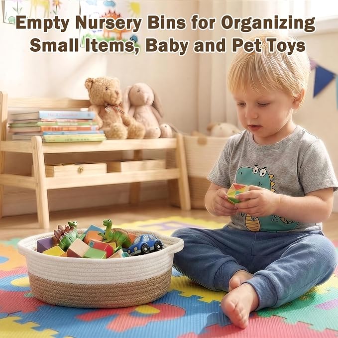 Basket for Gifts Empty, Small Woven Basket with Bags and Ribbons, Baby Toy Baskets with Handles, Wicker Storage Bin for Baby Showers or Pet Toy (White & Brown, 1 Pack (12"x 8"x 3.74"))