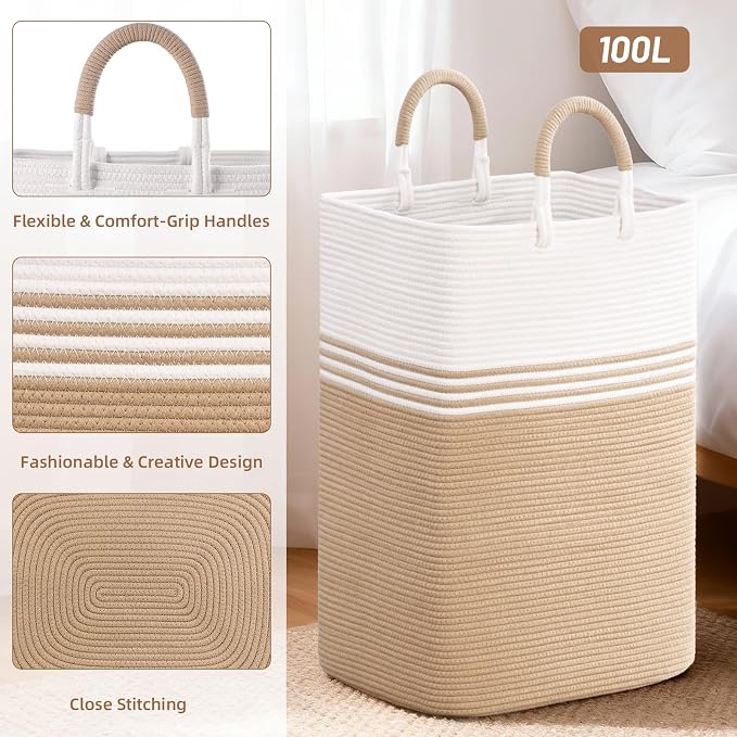 Laundry Basket Hamper,Blanket Storage,Dirty Clothes Hamper with Swivel Handles,Woven Cotton Rope Toy Baskets,Blanket Basket Living Room,Decorative Hampers for Nursery,Bedroom,White & Brown,100L