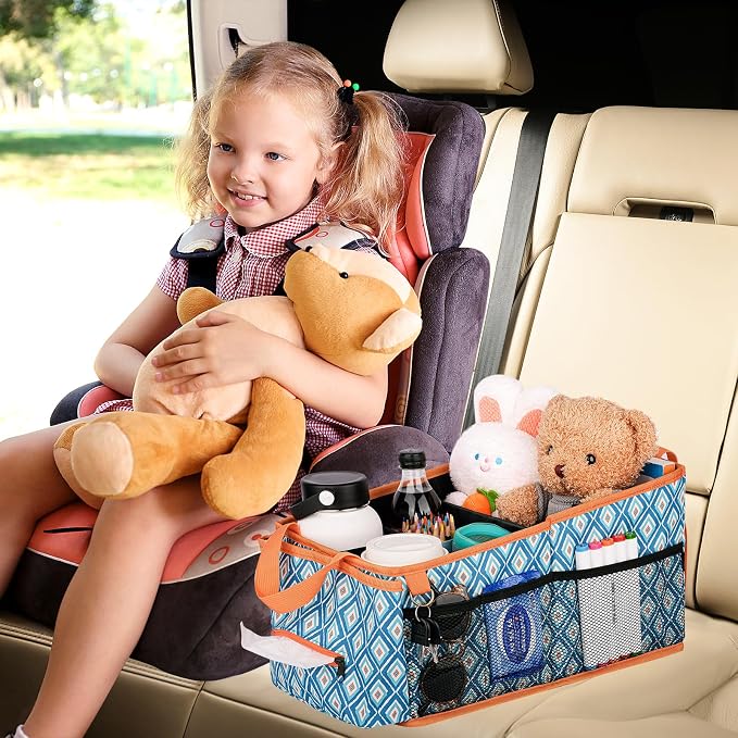 HEYSKAY Backseat Car Organizer Car Caddy Passenger Seat Organizer for Kids | Collapsible Small Car Storage, Console Front Seat Car Organizer for Truck, SUV and Minivan, Adjustable Compartment Space