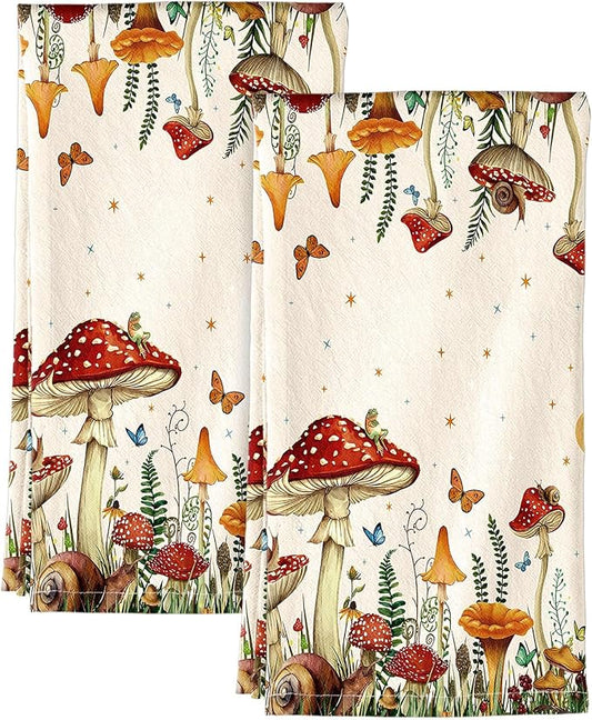 Miss Adola Flour Sack Kitchen Towels - Set of 2 Spring Dish Towels with Hanging Loop 18x26 Inch Absorbent Reusable Cotton Cloths for Cleaning Cute Design Home Decorative Housewarming, Mushroom Moon