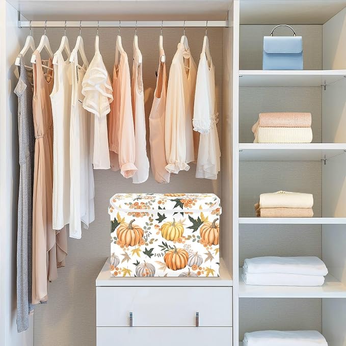 senya Thanksgiving Storage Baskets Collapsible Storage Bins with Lids, Pumpkins Flowers Leaves Thanksgiving Storage Boxes Clothes Baskets for Organizing