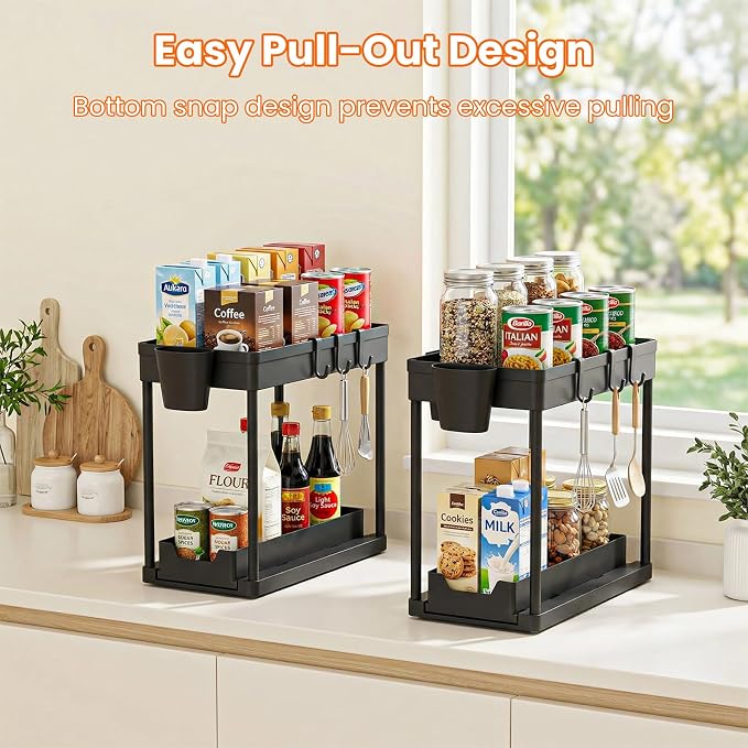 Under The Sink Organizer 2 Pack, 2 Tier Sliding Under Cabinet Organizer | Pull Out Under Sink Storage Multi-Use Undersink Organizers for Countertop, Bathroom, Pantry and Office Organization