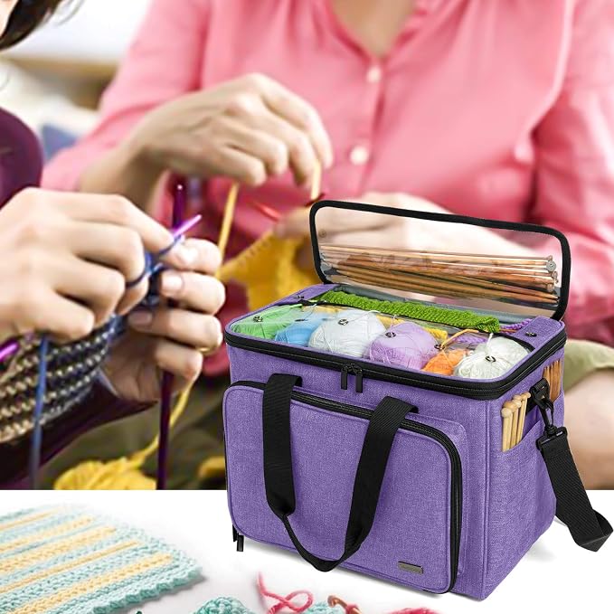 Teamoy Knitting Bag, Yarn Storage Organizer Crochet Bag Tote, Purple | Yarn Holder with Inner Divider(Sewn to Bottom) for Crochet Hook, Knitting Needles(Up to 14"), Project and Crocheting Supplies