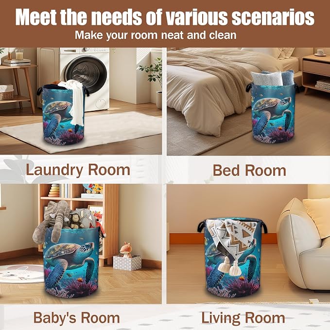 Sea Turtle Ocean Laundry Basket,Laundry Hamper Waterproof Oxford Cloth Tote Bag,Clothes Storage Bucket Decorative Toy Organizer for Bathroom Bedroom 16" x 20.8"