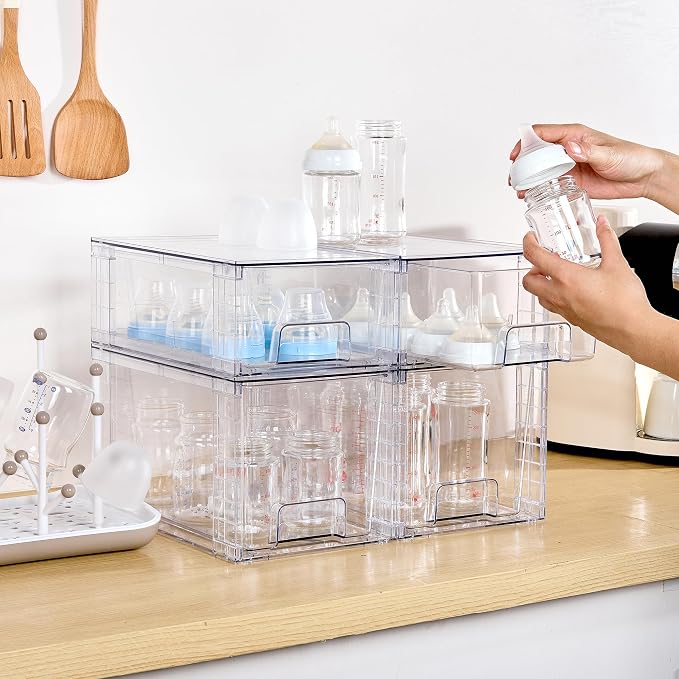 Vtopmart Clear Stackable Storage Drawers, 6 Pack Medium Organizer Set | Medium and Small Pull-Out PET Drawers with Stackable Design for Everyday Organization, Cabinets, Closets, Pantry