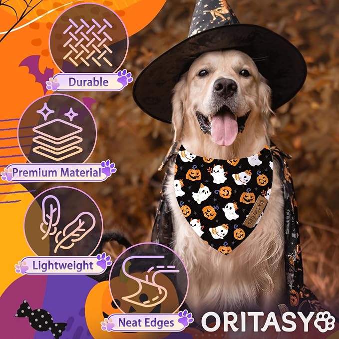Pink Halloween Dog Bandanas, Cute Ghost 2-Pack Triangle Reversible Pet Scarves, Premium Fabric, Pumpkin Bandana for All Boys Girls Dogs (X-Large, Style 3)
