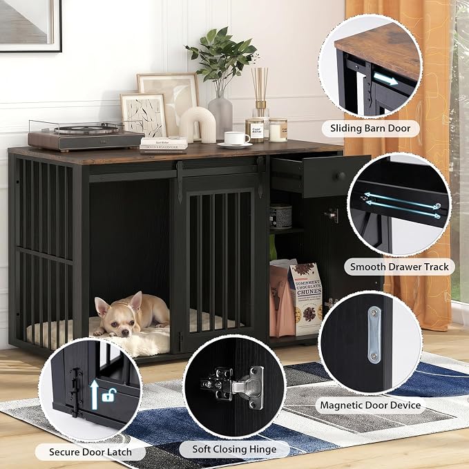 Verano Garden 44" Dog Crate Furniture, Dog Kennel (44" Right Facing Door) | 2-in-1, Lockable, Sliding Door, Removable Divider, Adjustable Shelf, Farmhouse, Heavy Duty, Small Medium Dogs, Black