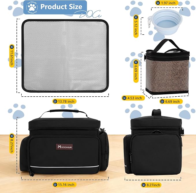 Modoker Large Dog Travel Bag Set with 2 Bowls and Food Bags, 17L Black | Large Pet Travel Organizer with 2 Food Containers, 2 Collapsible Bowls, Feeding Mat, Multiple Pockets and Adjustable Flap