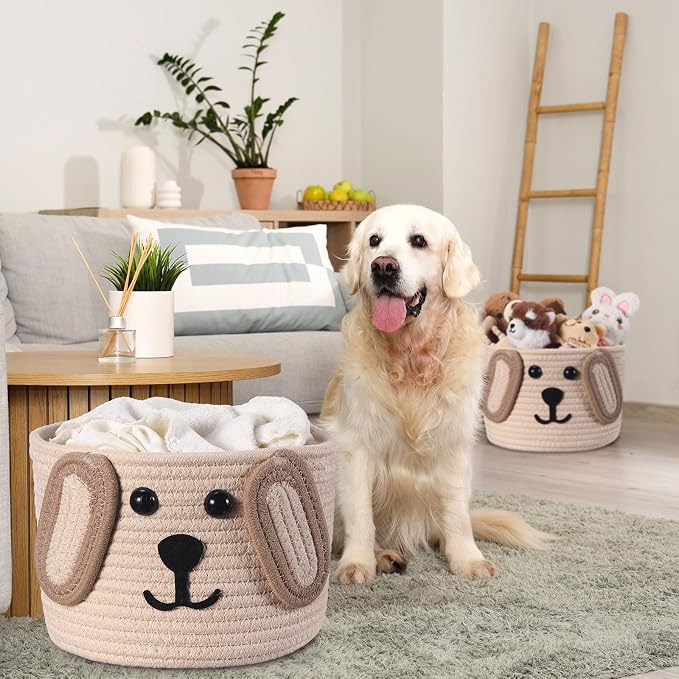 Zopeal Dog Woven Basket, 7.9" D x 6" H Cotton Rope Toy Storage Organizer, Dog Mom Gift Empty, Cute Laundry Puppy Gift Animal Basket for Clothes, Towels, Toy, Laundry, Bathroom, Home(Khaki, Beige)