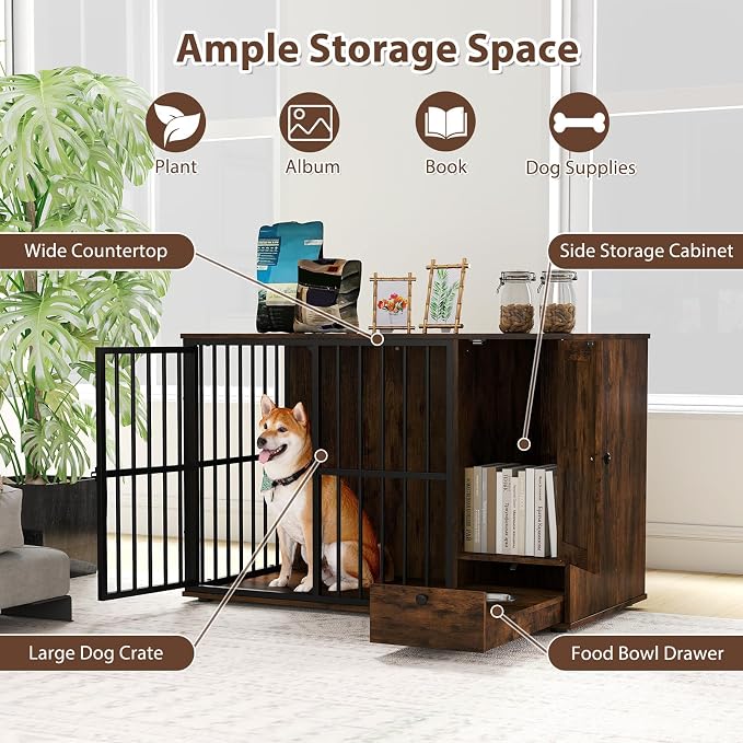 PETSITE 47.5-inch Dog Crate Furniture, Heavy-Duty Wooden Dog Kennel with Hidden Bowls in Pull-Out Drawer, Storage Cabinet, and Chew-Resistant Metal Frame, Industrial Style for Small & Medium Sized