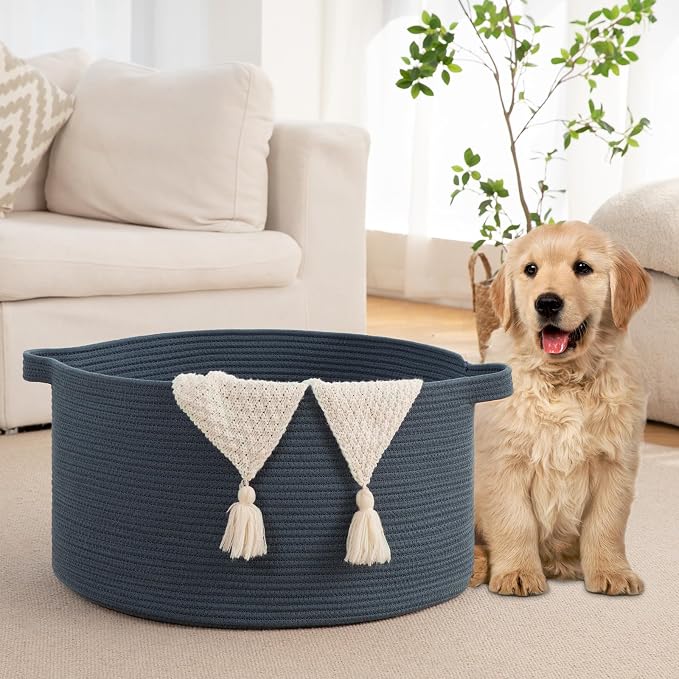 OIAHOMY 90L Extra Large Blanket Basket - Decorative Cotton Rope Storage Basket for Bedroom, Living Room & Nursery - Woven Laundry Hamper for Organizing Blankets, Clothes & Toys - Blue