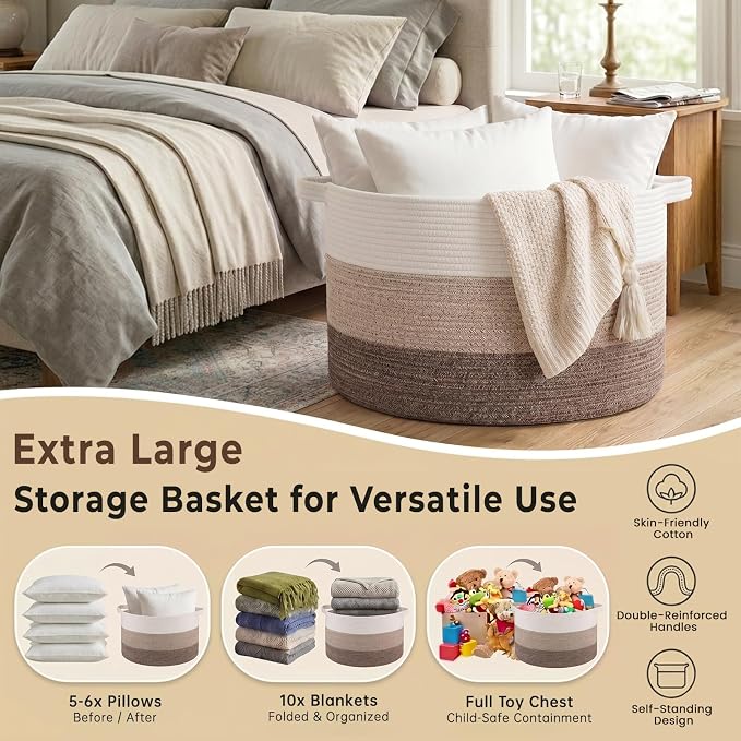 OIAHOMY 90L Extra Large Blanket Basket - Decorative Cotton Rope Storage Basket for Bedroom, Living Room & Nursery - Woven Laundry Hamper for Organizing Blankets, Clothes & Toys - Gradient Brown