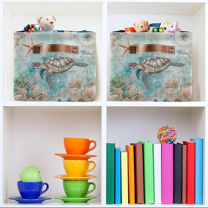 Nautical Starfish Fabric Storage Basket - Foldable, 16x12x8 Inches