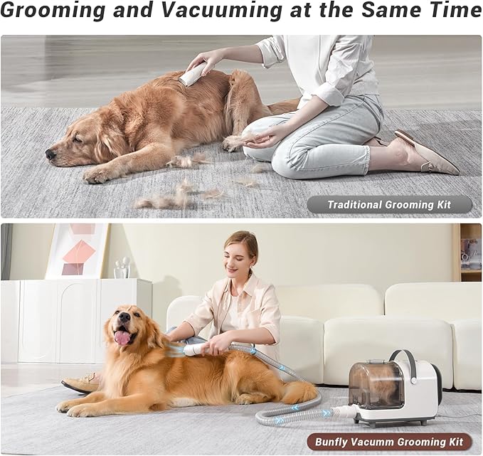 Bunfly Dog Grooming Kit,13000Pa Strong Grooming & Vacuum Suction 99.99% Pet Hair, 16 Pet Grooming Tools for Dogs Cats, 3L Large Capacity Dust Cup, Quiet Pet Vacuum Groomer (Grey)