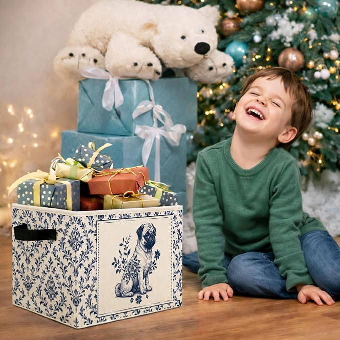 Blue Floral Pug Storage Bin, Foldable Fabric Organizer | Vintage blue floral pug storage bin for toys, books, clothes, pet supplies, bedrooms, nurseries, shelves, and closets.
