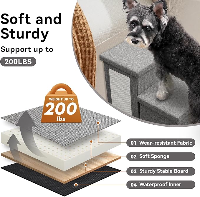 Zerbuger Dog Stairs with Storage, Grey Cat Scratcher 3 Steps Ramp no Condo | 18" H Wider Dog Steps for High Beds Couch, Folding Storage Pet Stairs Gift for Climbing Small/Medium/Large Old Dogs Cats