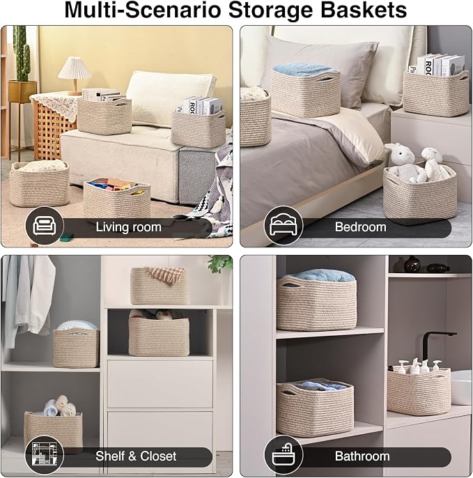 ICERZCZ Small Storage Baskets for Shelves Organizing, Woven Cotton Rope Baskets for Storage, Book Basket, Decorative Shelf Basket, 12.5"Lx9.1''Wx7.9''H (4 Packs) Mixed Brown