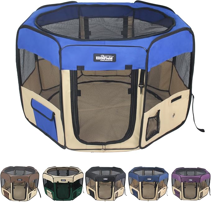 EliteField 2-Door Soft Pet Playpen for Dogs and Cats (2-Year Warranty) | 600D Fabric, Washable Floor Mat & Top Cover, Indoor/Outdoor, Carrying Bag, Ground Stakes, Zipper Locks