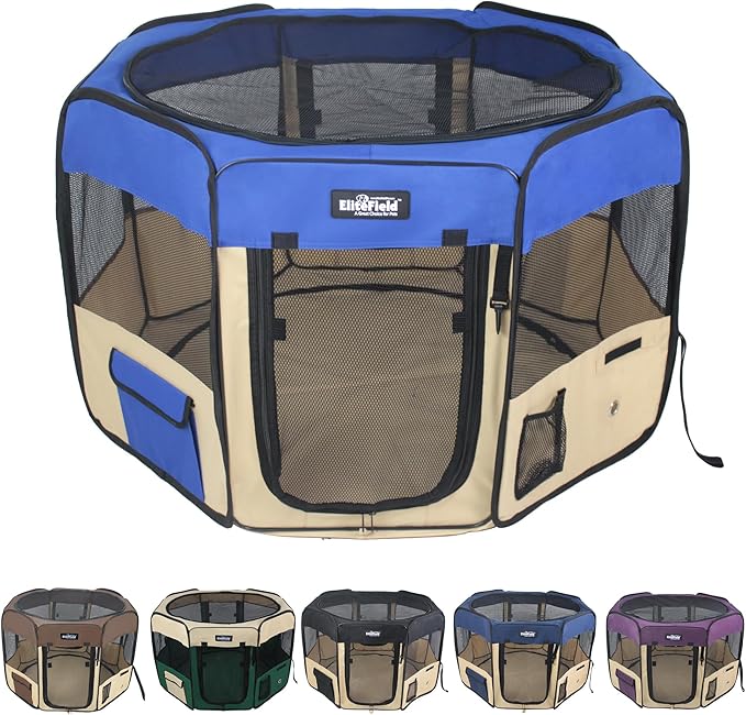 EliteField 2-Door Soft Pet Playpen for Dogs and Cats (2-Year Warranty) | 600D Fabric, Washable Floor Mat & Top Cover, Indoor/Outdoor, Carrying Bag, Ground Stakes, Zipper Locks