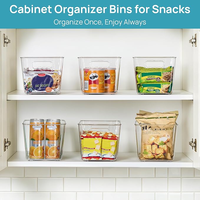 Vtopmart 6 Pack Clear Storage Bins, Pantry Cabinet Organizer Bins, Medium | Plastic Pantry Storage Bins with Handle, Storage Containers for Fridge, Cabinet, Kitchen, Countertops, Cupboard, Freezer