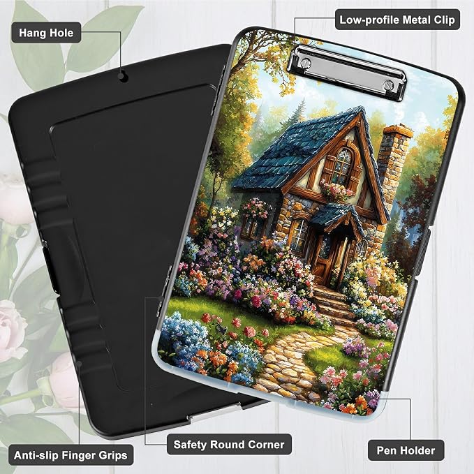 A4 Clipboard with Storage Pen Holder, Clipboards Organizer Nursing Clipboard Foldable File Folder Plastic Clipboard Folio Clip Board for Office Work Classroom Doctor, Garden Castle