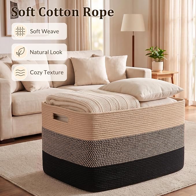 OIAHOMY 108L Extra Large Blanket Basket Dog Toy Basket Yellow Black | Rectangle Woven Baskets for Storage Cotton Rope Basket For Living Room Toy Storage Blanket Storage Laundry Basket