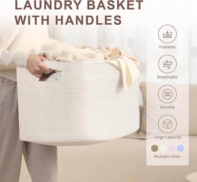 86L Large Woven Laundry Basket Hamper with Handles, White | collapsible wicker hamper, storage for dirty clothes, toys, blankets, gifts, living room, bedroom, bathroom, 24"x16"x14"