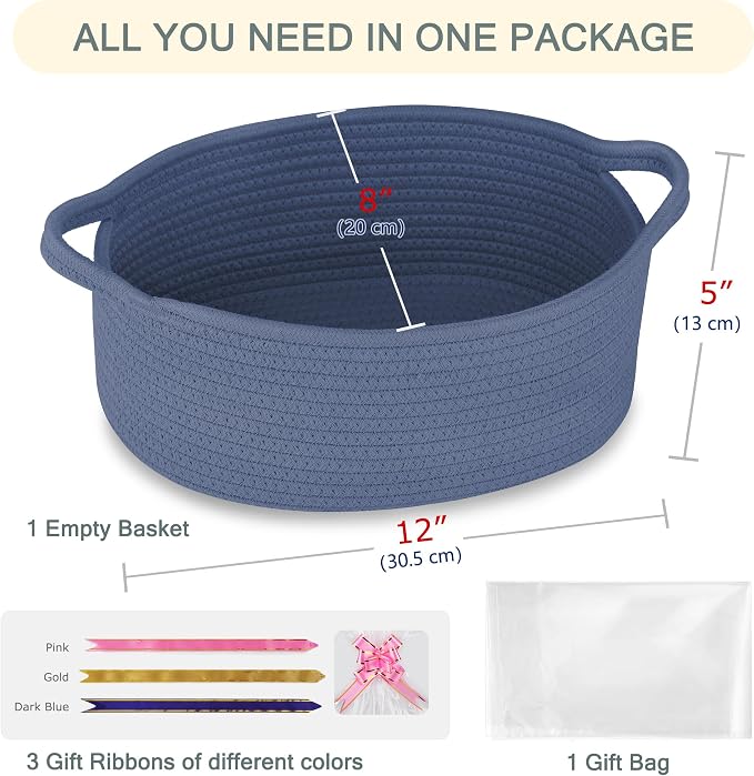COMSE Empty Small Gift Basket with Bag & Ribbons, Folkstone Gray | Cotton Rope, 12"x 8"x 5", Baby Toy Organizer, Stores Small Items for Bedrooms, Nurseries, Bathrooms, Living Rooms, Offices
