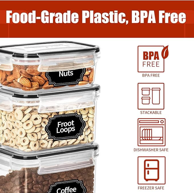 PRAKI 30 Pack Airtight Food Storage Containers for Organizers and Storage | Kitchen Storage Containers for Cereal Flour Sugar Storage, BPA Free, 5 Sizes, Container with 20 Labels, 6 Spoon & Marker
