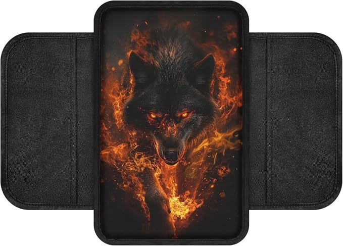 Howilath Flame Wolf Car Center Console Cover Universal Fit Armrest Cushion | Anti-Slip Backing, Protects from Scratches and Stains, Fits Most Cars and Trucks