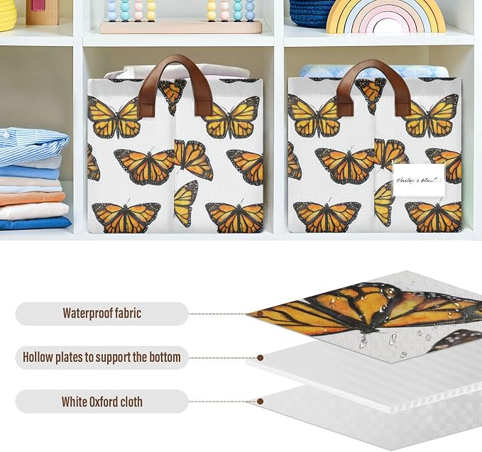 Watercolor Monarch Butterfly Storage Basket Foldable Cube Storage Bins with Handles&Label Waterproof Collapsible Organizer Box Bin Large Rectangle Decorative Baskets for Shelves Home Room Laundry