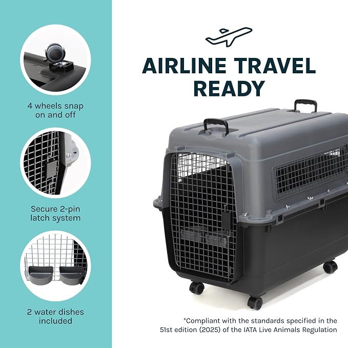 SportPet Airline Compliant X-LARGE 35.5" Travel Dog Kennel-Durable Plastic Airline Pet Carrier w/Removable Wheels & Food Bowls, Collapsible Indoor/Outdoor Dog Kennel, Dogs up to 32"L & 23"H-Dark Gray