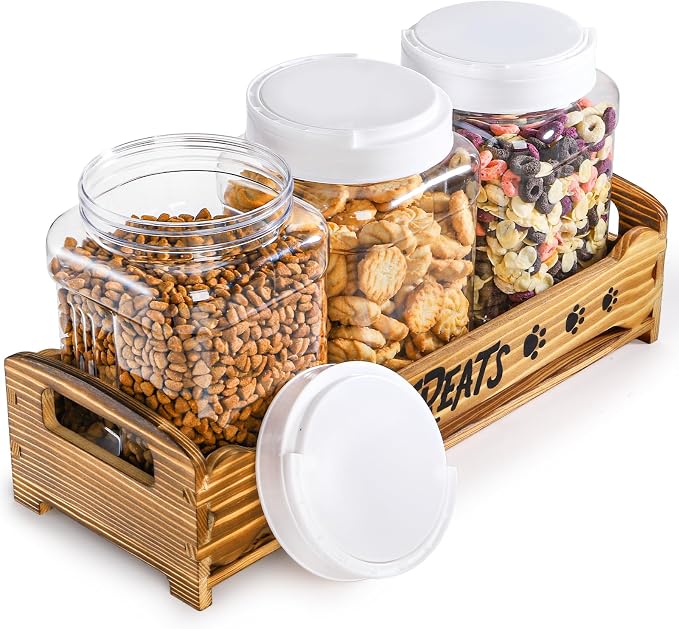 Tlence Dog Treat Container Set, 3 Airtight Plastic Jars with Wooden Paw Print Stand, Pet Treat Holder with Scoop for Kitchen Counter