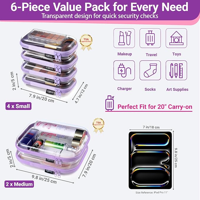 YQBRAO Clear Hard Shell Zipper Cases, 6 Travel Organizers, 2M 4S, Purple | Rigid clear shells in two practical sizes separate toiletries, skincare, cosmetics, chargers and frequently used accessories