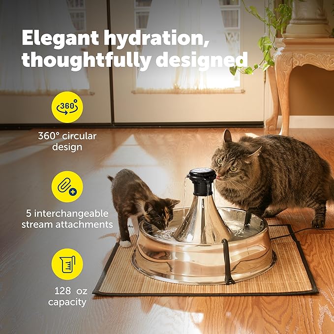 PetSafe Stainless Multi-Pet Fountain with Extra Filters Great for Multiple Pet Households Customizable Stream Options Scratch and Rust Resistant 128 Oz Water Capacity Fresh, Filtered Water