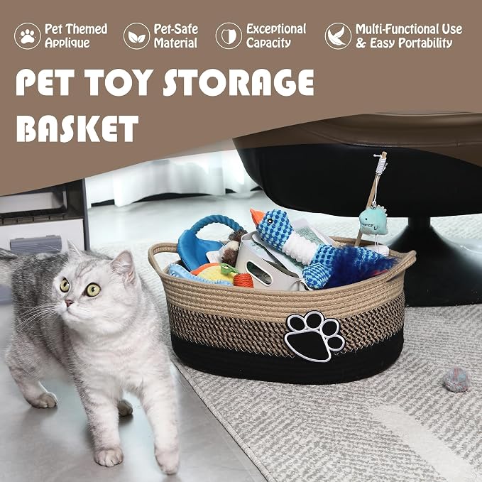 Sea Team Pet Toy Basket with Handles for Cats and Dogs, Flaxen Paw | Large Cotton Rope Storage Bin, Shelf Basket, Organizer for Pet Chew Toys, Foods, 16.5 x 11 x 7 Inches, 4.4 Gallons