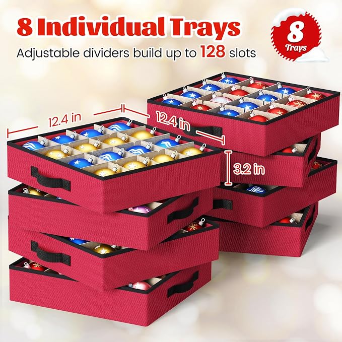 StorageRight Christmas Ornament Storage Box - Ultra Large Drawer Ornament Organizer with 8 Separate Trays & Adjustable Dividers, Portable Ornaments Box with Cover & Handle for Holiday Decorations(Red)