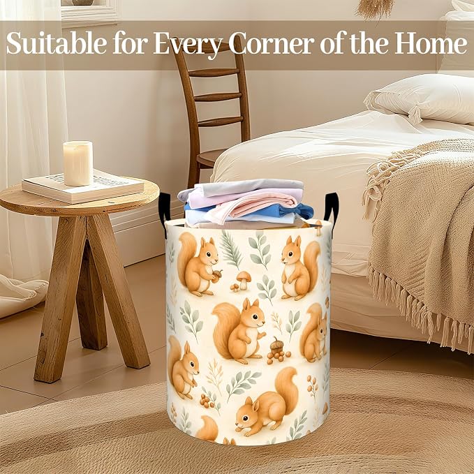 Cute Squirrel Laundry Basket, Watercolor Woodland Foldable Oxford Cloth, Waterproof Dirty Clothes Hamper with Handles, Clothing Storage Bin Toy Organizer for Bedroom Dorm Bathroom, 19.7"x15.7"