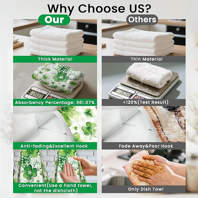 CUTHOLLOW Clover Print Hanging Kitchen Towels with Loop, Set of 2 - Soft & Super Absorbent Microfiber Decorative Dish & Hand Towel, Tea, Coffee Towel for Kitchen Bathroom Oven Handle