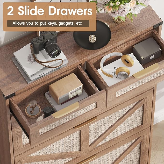 Halitaa Shoe Cabinet with 3 Flip Drawers & 2 Drawers,Freestanding Shoe Storage Cabinet for Entryway,Farmhouse Narrow Slim Organizer Rack for Foyer,Hallway,Rustic Oak Rattan